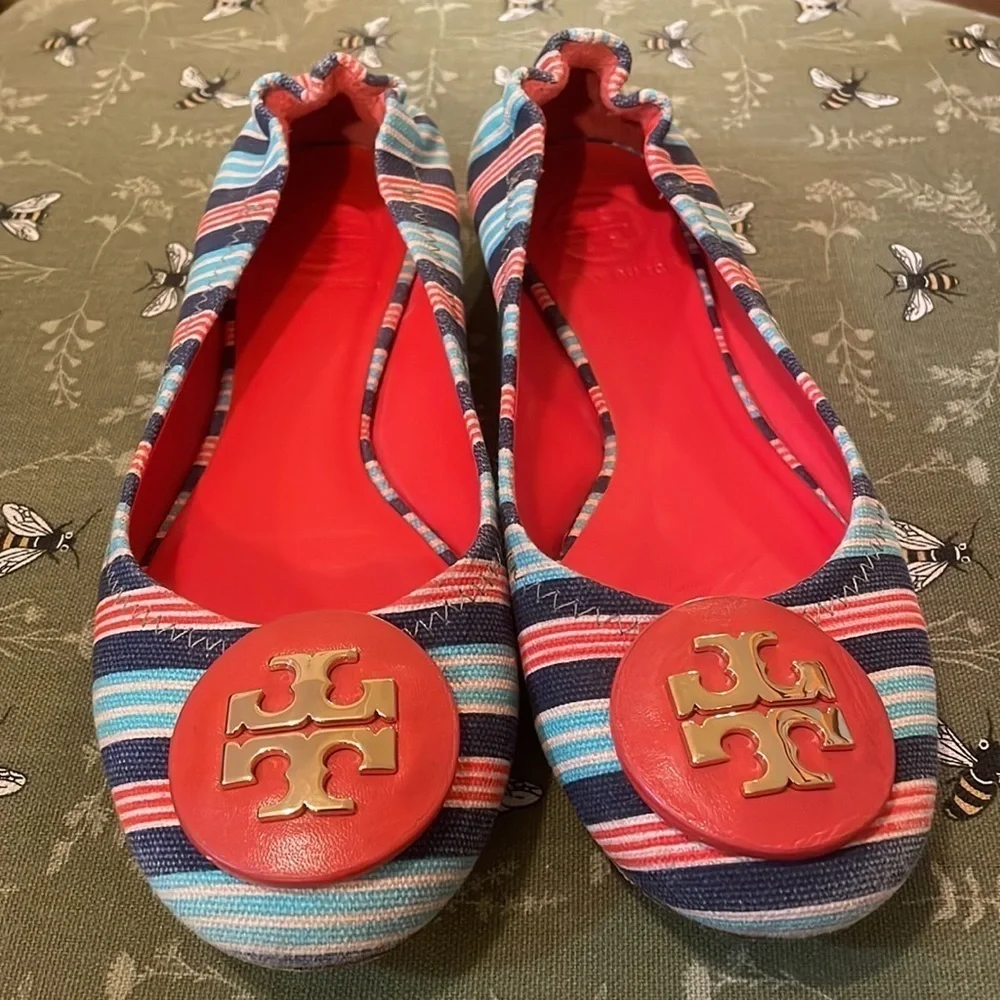 Tory Burch Reva Bauer Stripe A/Habenero Pepper multicolored Ballet Flats sz 6.5